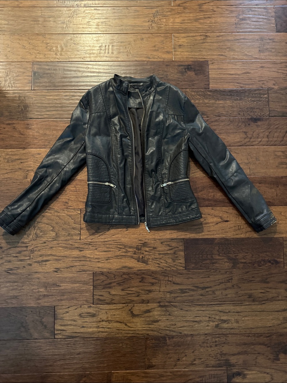 Women’s Black Faux Leather Biker Jacket with Quilted Panels